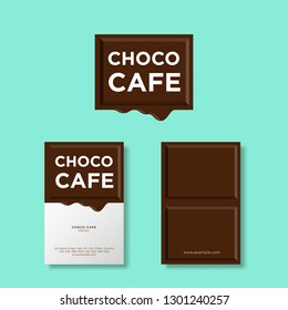 Melted chocolate piece with letters. Logo for cafe or pastry. Composition with chocolate drop, isolated on mint color background. Identity, business card.