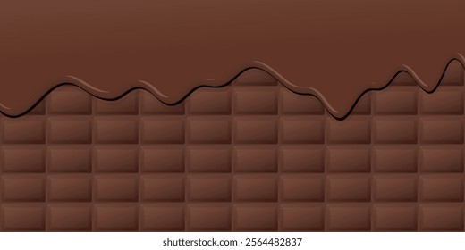 Melted chocolate pouring on milk chocolate bar background graphic illustration.