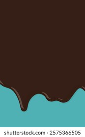 Melted chocolate pouring on turquoise vertical background graphic illustration have blank space.