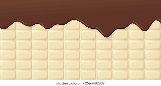 Melted chocolate pouring on white chocolate bar background graphic illustration.