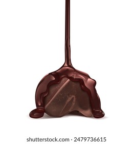 Melted chocolate pouring over a piece of chocolate on a white background. Vector illustration