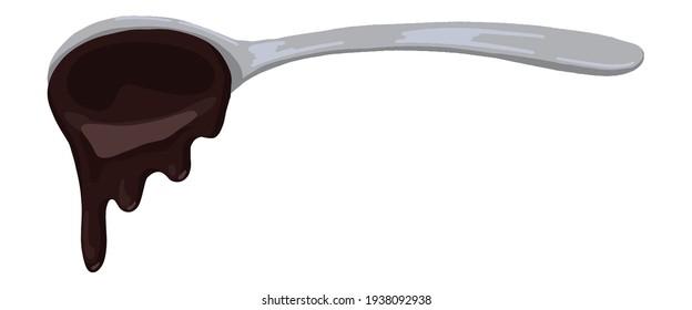 Melted chocolate spoon. Single hand drawn vector stock illustration. Colored realistic style clipart, isolated on white. Volumetric drawing for candy shop, menu decor, design, sticker, wrap, logo.