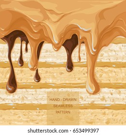 melted  chocolate streams. Syrup drip pattern on cake layers background. Flowing caramel vector illustration isolated