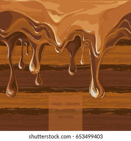 melted  chocolate streams. Syrup drip pattern on cake layers background. Flowing caramel vector illustration isolated