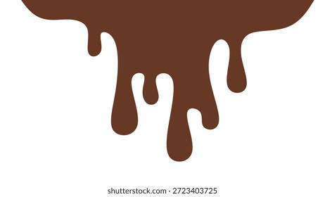 Melted chocolate or syrup drips isolated on a white background. Flowing liquid chocolate border element. A sweet brown syrup or sauce that melts and drips.