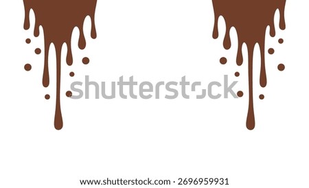 Melted chocolate or syrup drips isolated on a white background. Flowing liquid chocolate border element. A sweet brown syrup or sauce that melts and drips.
