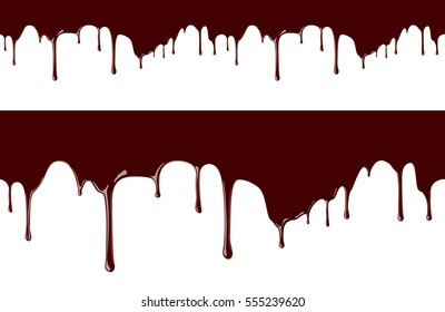 Melted chocolate syrup leaking on white background vector seamless border illustration