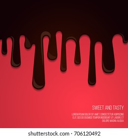 Melted chocolate Vector template Dark melted chocolate is dripping on red background Illustration in cartoon style with space for text