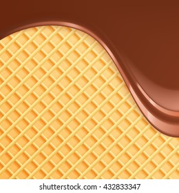 Melted chocolate with wafer vector illustration. Flowing chocolate and wafer background. Melted chocolate dripping. 
