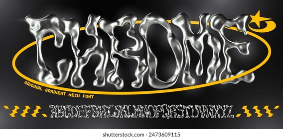 Melted chrome Y2K font. Metallic liquid 3D alphabet, metal blob shape creative typography and trendy distorted molten silver letters vector set