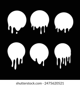 Melted circle white label. Dripping paint design set. Liquid vector signs Paint