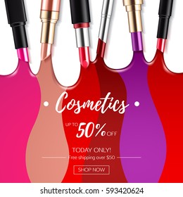 Melted colorful lipstick flow background. Make-up cosmetic products vector 3D illustration. Good for ads banner poster design.