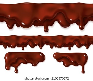 Melted dark chocolate drip isolated on white background. Brown cream drop or syrup sauce realistic illustration. Vector seamless horizontal border design