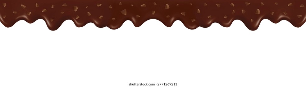 Melted dark chocolate dripping horizontally The smooth, glossy brown glaze is topped with crunchy chocolate chips 