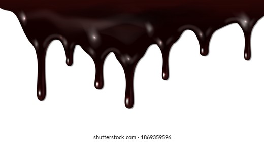 Melted dark chocolate dripping isolated on white background. Vector 3d realistic illustration of liquid cocoa cream flowing. Pouring chocolate drip from cake top border design