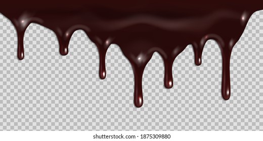 Melted dark chocolate dripping isolated on transparent background. Vector 3d realistic illustration of liquid cocoa cream flowing. Pouring chocolate drip from cake top border design