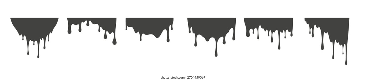 Melted drips and liquid paint drops. Current chocolate, ink, honey or syrup. Oil and cream blobs. Vector set.