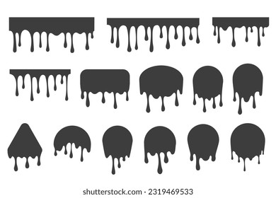 Las formas de goteo fundidas. Flujo de gota de líquido negro sobre fondo blanco. Tinta de chocolate salsa salpicada. Ilustración vectorial.