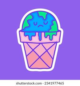 Melted earth planet on ice cream cone, illustration for t-shirt, sticker, or apparel merchandise. With doodle, retro, groovy, and cartoon style.