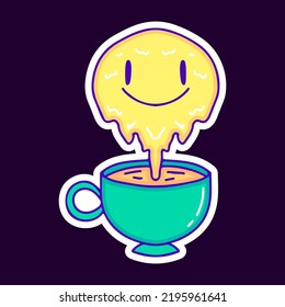 Melted emoji face with cup of coffee cartoon, illustration for t-shirt, sticker, or apparel merchandise. With modern pop and retro style.