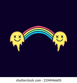 Cara emoticono fundida con dibujos animados en arco iris, ilustración de camisetas, pegatinas o prendas de vestir. Con estilo pop moderno y retro.