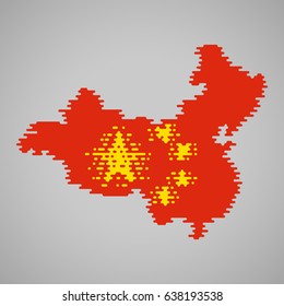 Melted flag inside the melted map of China. Abstract clouds in the shape of the country. Vector illustration of flat design concept.