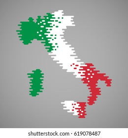 Melted flag inside the melted map of Italy. Abstract clouds in the shape of the country. Vector illustration of flat design concept.