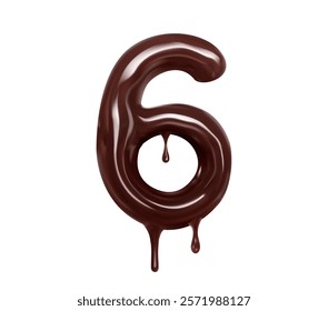 Melted flow chocolate number six dripping. Isolated 3d vector tasty numerical sign 6, delicious and glossy digit with realistic texture for dessert, culinary, sweets or birthday celebration theme