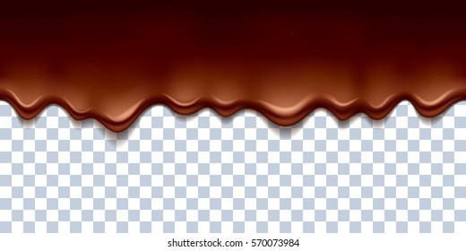 Melted flowing chocolate drips with transparency - seamless horizontal border vector illustration.