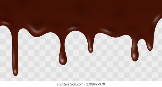 Melted flowing chocolate drips with transparent background. horizontal border vector illustration.