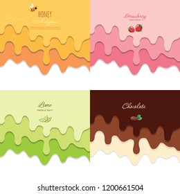 Melted flowing chocolate, strawberry, honey and lime syrup backgrounds set. 3d paper cut out layers. Copy space for text. Vector