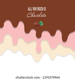 Melted flowing chocolate, strawberry, vanilla background. 3d paper cut out layers.