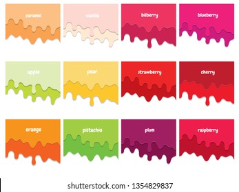 Melted flowing fruit syrup backgrounds set. 3d paper cut out layers. Copy space for text. Vector