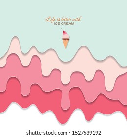 Melted flowing ice cream background. 3d paper cut out layers. Pastel pink and blue. Girly. For notebook cover, greeting card cute design. Vector illustration