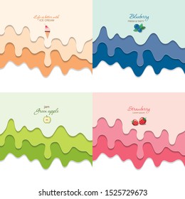 Melted flowing ice cream, strawberry, blueberry and apple set. 3d paper cut out layers. Copy space for text. Vector illustration