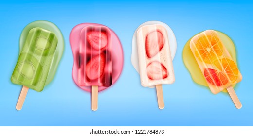 Melted fruit popsicles ice cream realistic set with four isolated images of icecream on stick vector illustration