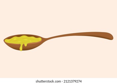 Masa de mantequilla ghee fundida en cuchara de madera. Ilustración del vector