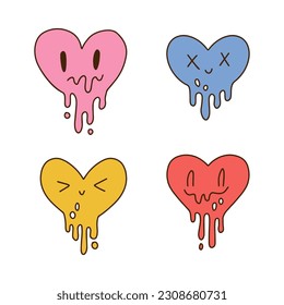 Melted hearts with smile face set. Vintage vector hand drawn illustration for t-shirt, sticker, or apparel merchandise. Heart shaped emoticons in modern pop and retro style.