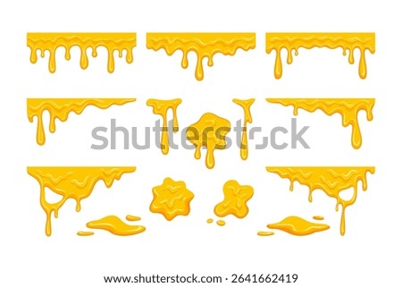 Melted Honey drip liquid vector set. Melting cheese drips element pack. Set of yellow syrup liquid, melted sauce flowing illustration. Spilled, drop, leak, splash, slime for food and drink products
