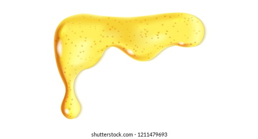 Geschmolzener, durchsichtiger Honigtropfen mit Bläschen-Textur. Vektordesign von isolierten Sirup-Flecken. Realistische Illustration der nach unten fließenden süßen Flüssigkeit