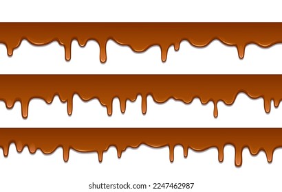 Melted hot chocolate drops, seamless sweet top border on white background, choco banner, vector illustration.