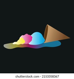 Melted Ice cream in blue pink and yellow on summer time isolated in black