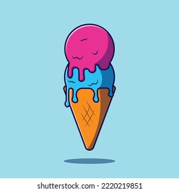 Ilustración de dibujos animados de helados fundidos. Crema de hielo con ilustración vectorial de cono. Diseño de dibujos animados de vectores alimentarios