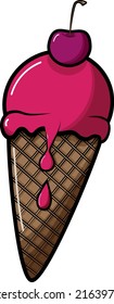 melted ice cream in a cone with a cherry