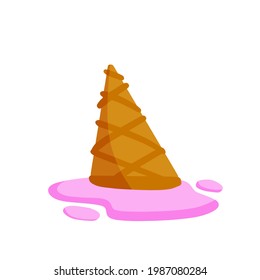 Melted ice cream in cone. Dessert fell to the ground. Sweet pink puddle. Flat cartoon illustration