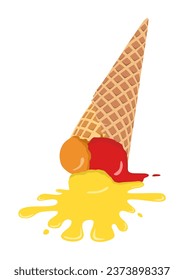 Melted ice cream in a cone. Spreads. Isolated on white background. ice cream upside down.