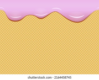 Melted ice cream drips down the waffle. Seamless repeating vector background - texture for design of sweets, confectionery advertisements, recipes. Thick pink cream slides over a yellow waffle pattern