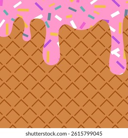 Melted ice cream drips down the waffle.  Wafer texture seamless pattern. For advertising, card, web, banner