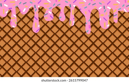 Melted ice cream drips down the waffle.  Wafer texture seamless pattern. For advertising, card, web, banner