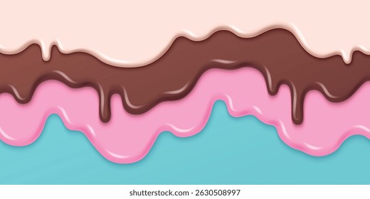 Melted ice cream drips - pink, brown and white liquid flows down on blue background. Creamy sweet dessert drops and puddle splashes. Summer treat melt illustration, appetizing border design element.